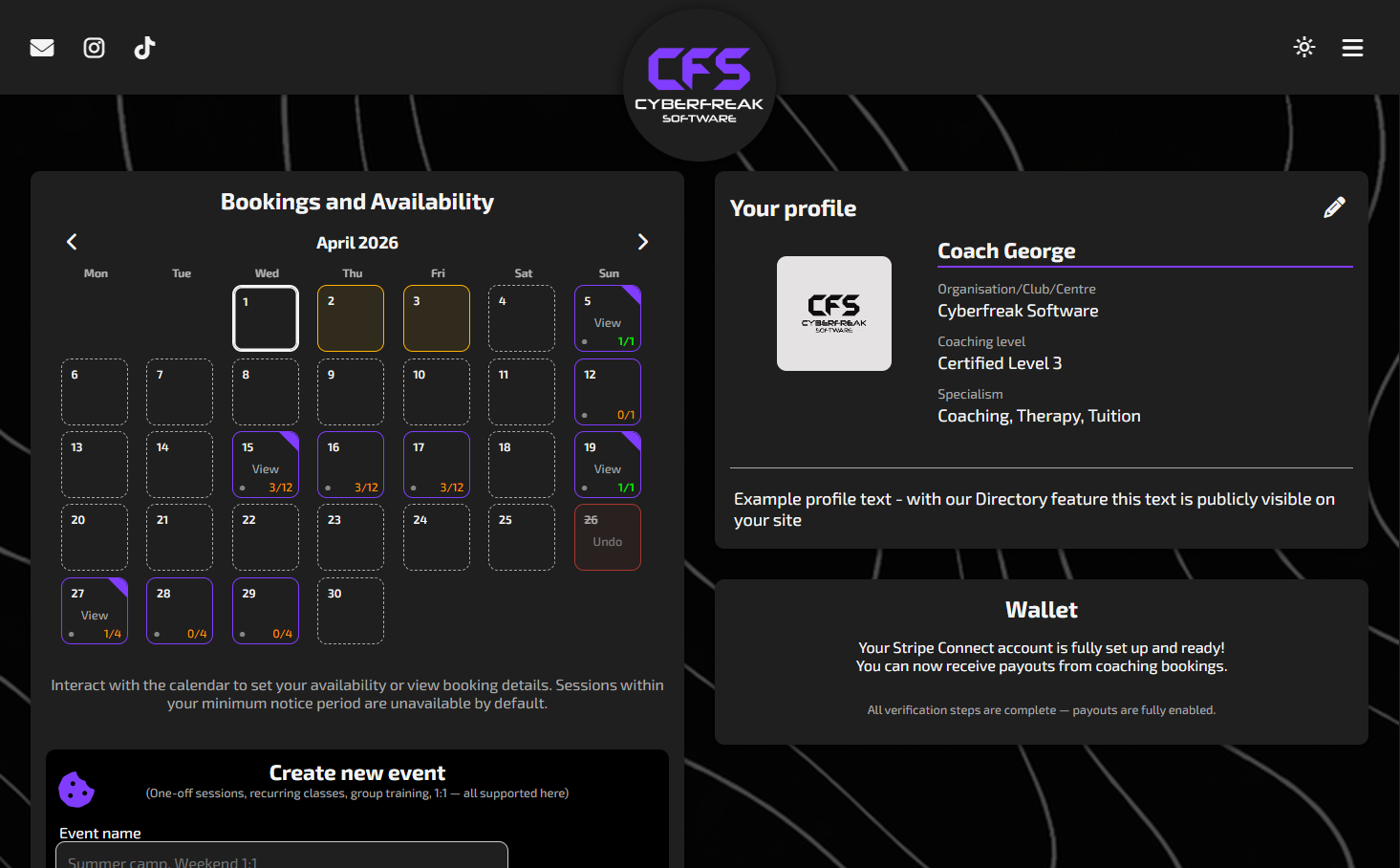 Cyberfreak Software - Satellie Deployment preview showcasing the desktop appearance in CFS blue. Professional, spacious layout with modern web app design, intuitive booking calendar, and high-converting scheduler for coaches and service businesses.